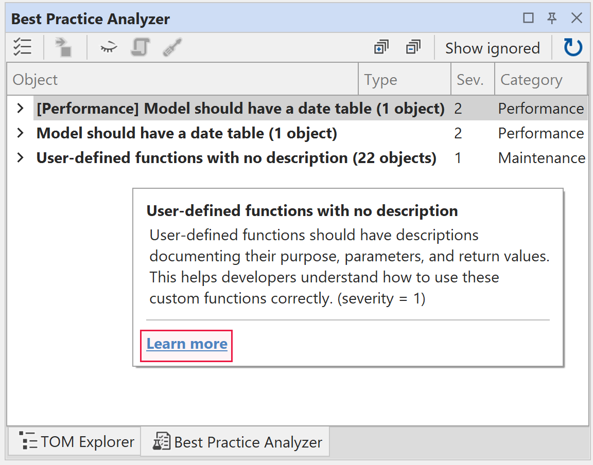 Captura de pantalla que muestra la ventana de BPA con una regla seleccionada y el botón "Ver documentación" resaltado