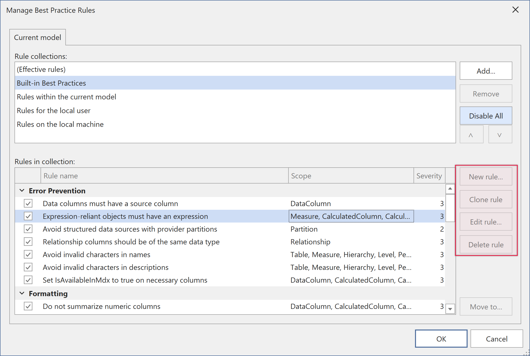 Captura de pantalla que muestra una regla integrada con una insignia o un icono de solo lectura en la ventana de BPA