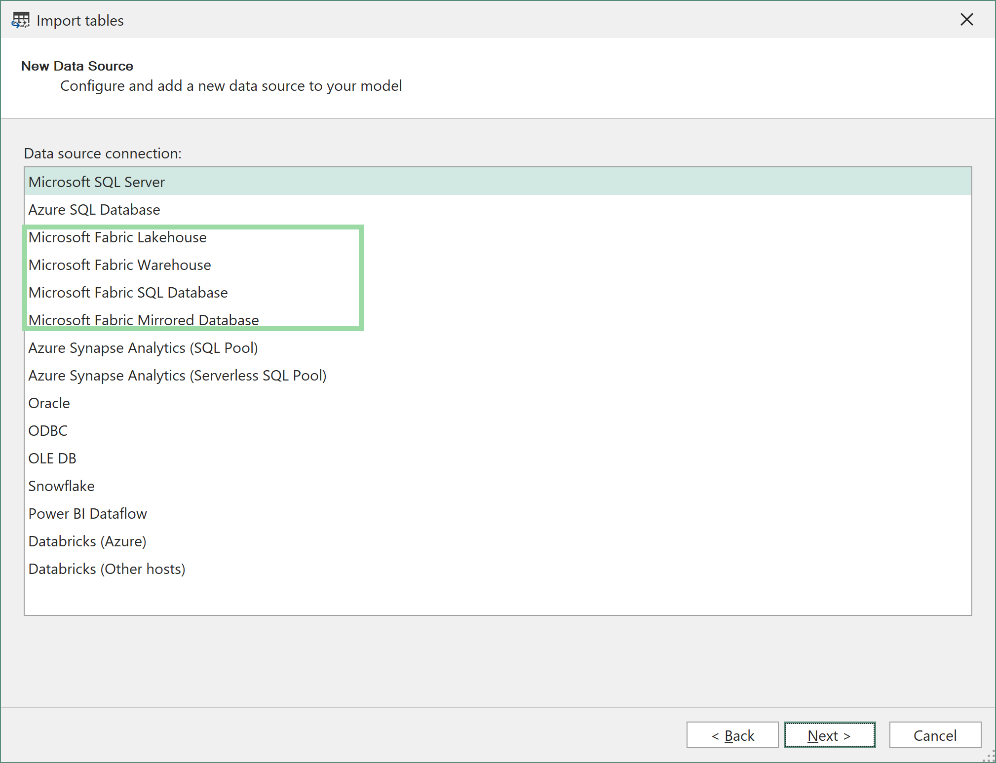 Asistente para importar tablas en Fabric