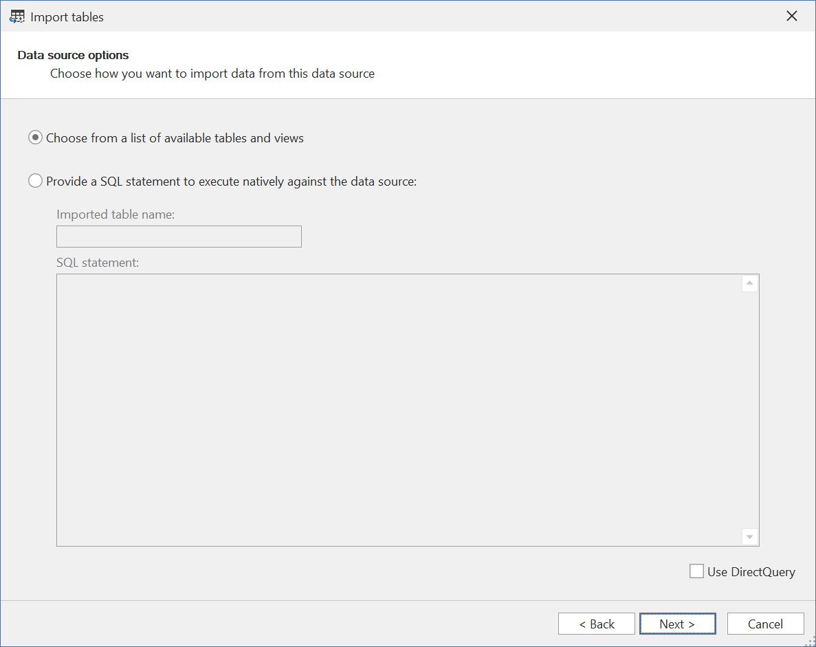 Asistente para importar tablas: seleccionar vs. consulta personalizada
