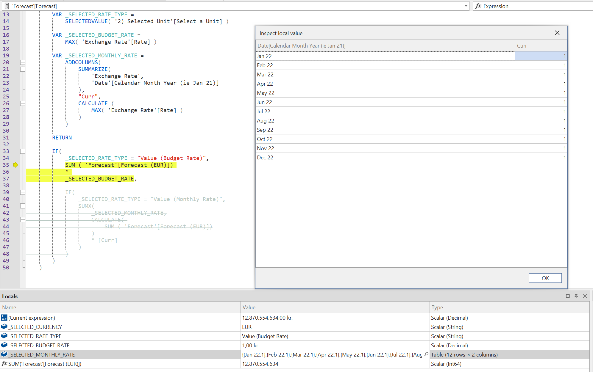 Inspeccionar valor de variables locales
