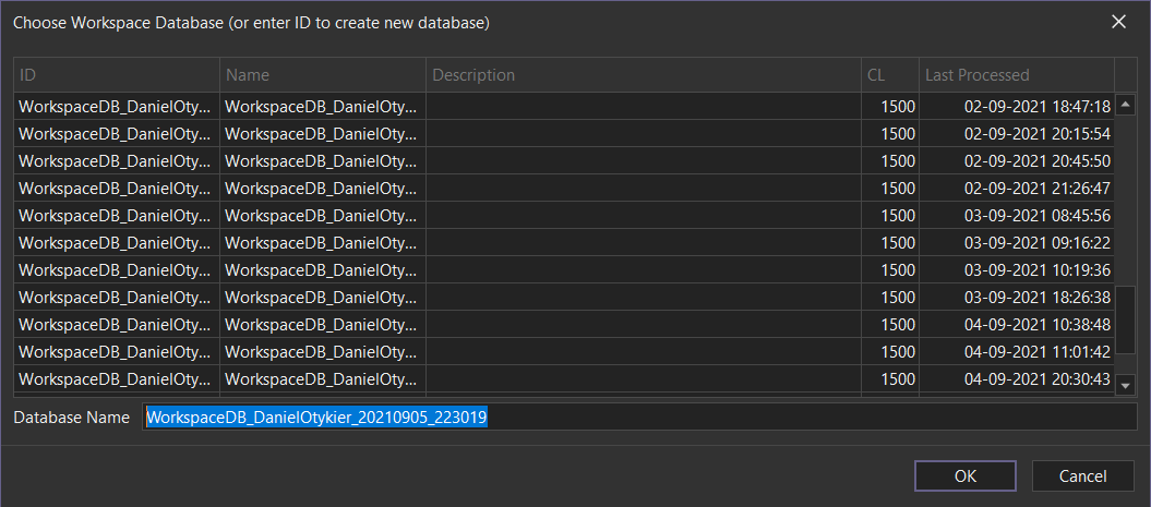 Seleccionar base de datos del área de trabajo