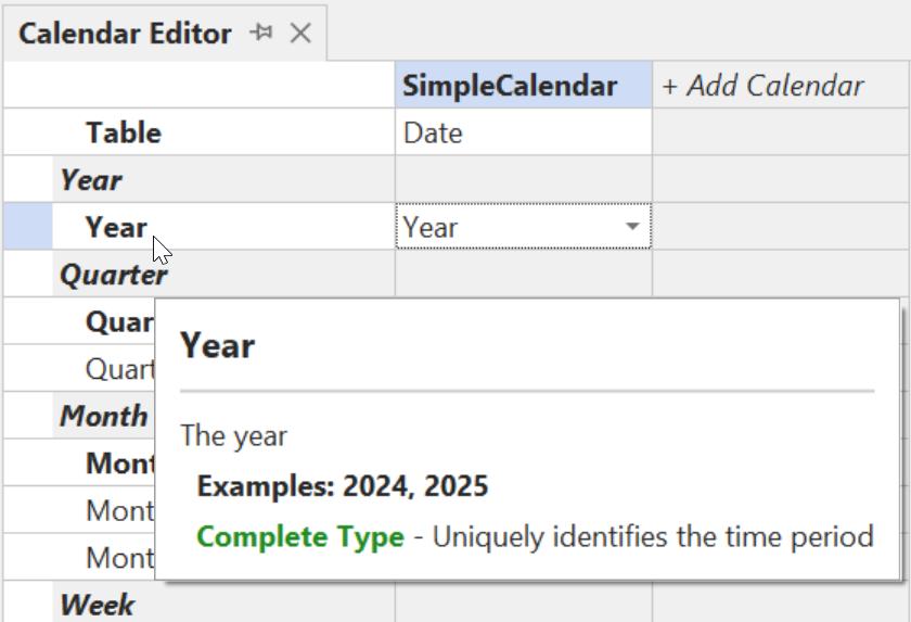 Descripción emergente de una unidad de tiempo completa que muestra la descripción y ejemplos