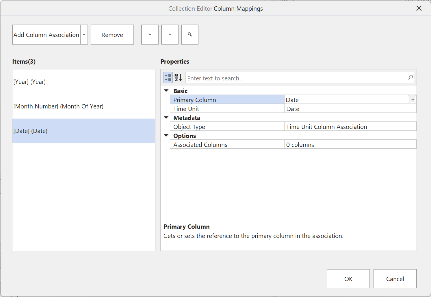 Asociaciones de columna en el Editor de colecciones