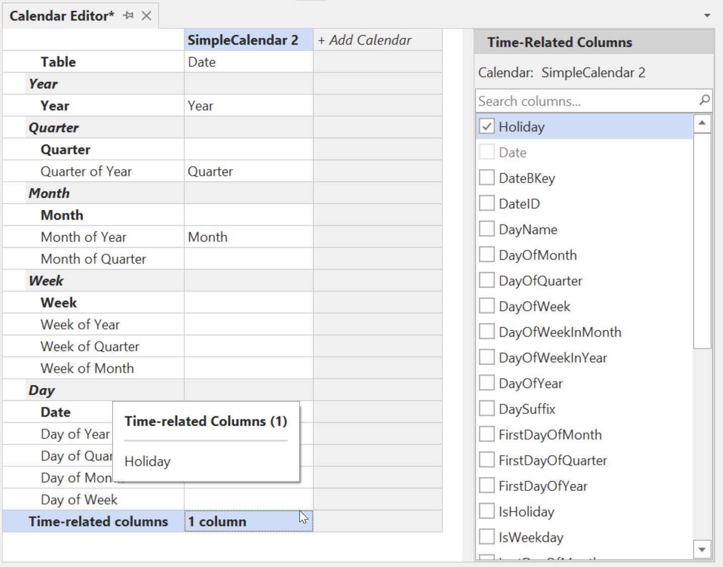 Panel de columnas relacionadas con el tiempo