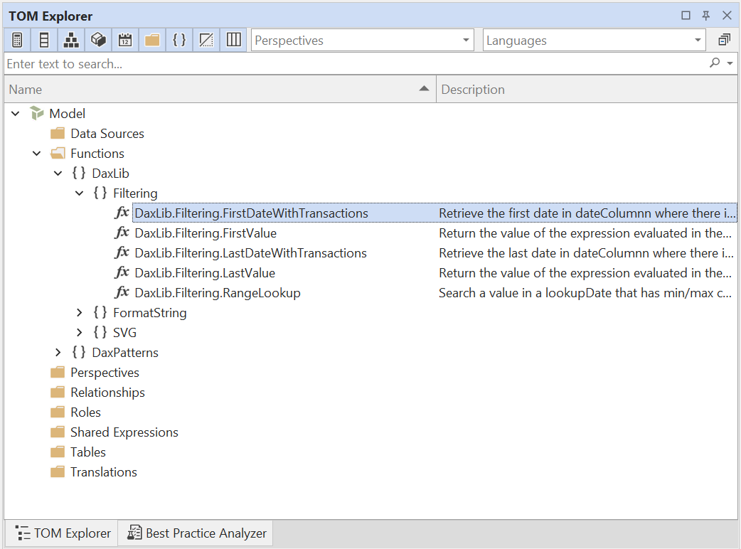 UDFs de DAX agrupadas por espacio de nombres
